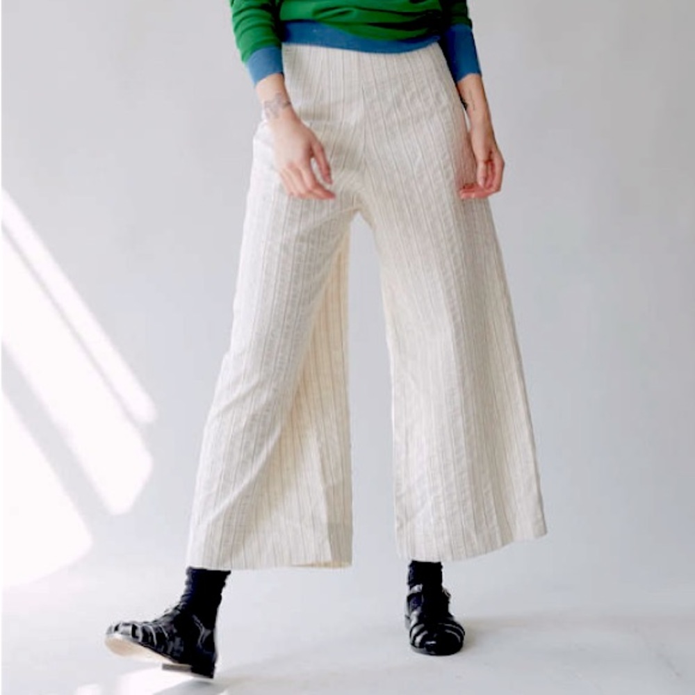 FINAL TOUCH Cotton Striped Wide Leg Cropped Pull On Pants Large